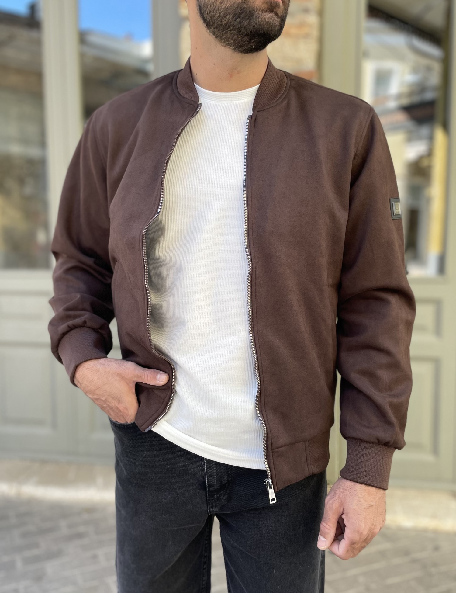 Hi Men Ανδρικό καφέ σουέτ μπουφάν Bomber HM264049K